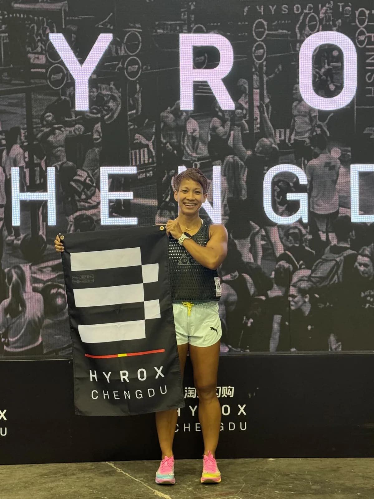 Elly at HYROX Chengdu, one of eighteen international Over-40 podium finishes