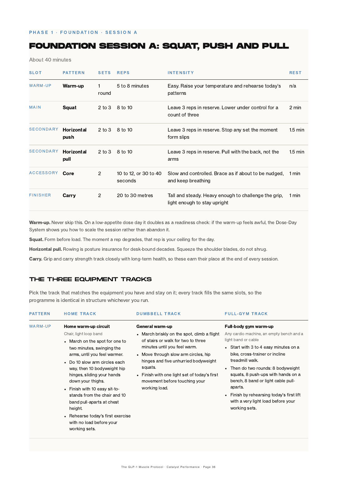 A training session page showing the prescription table and the three equipment tracks