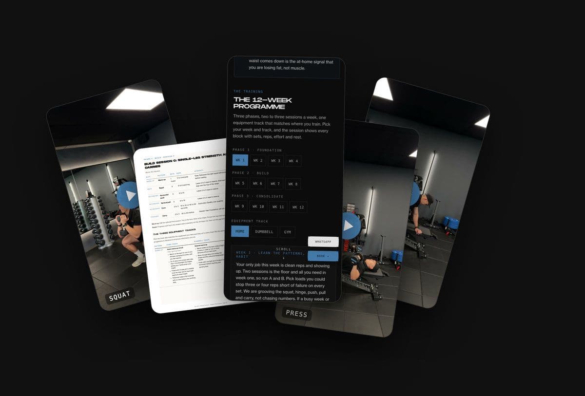 The Catalyst Protocol shown on phones: the 12-week programme screen, session pages and exercise video stills.