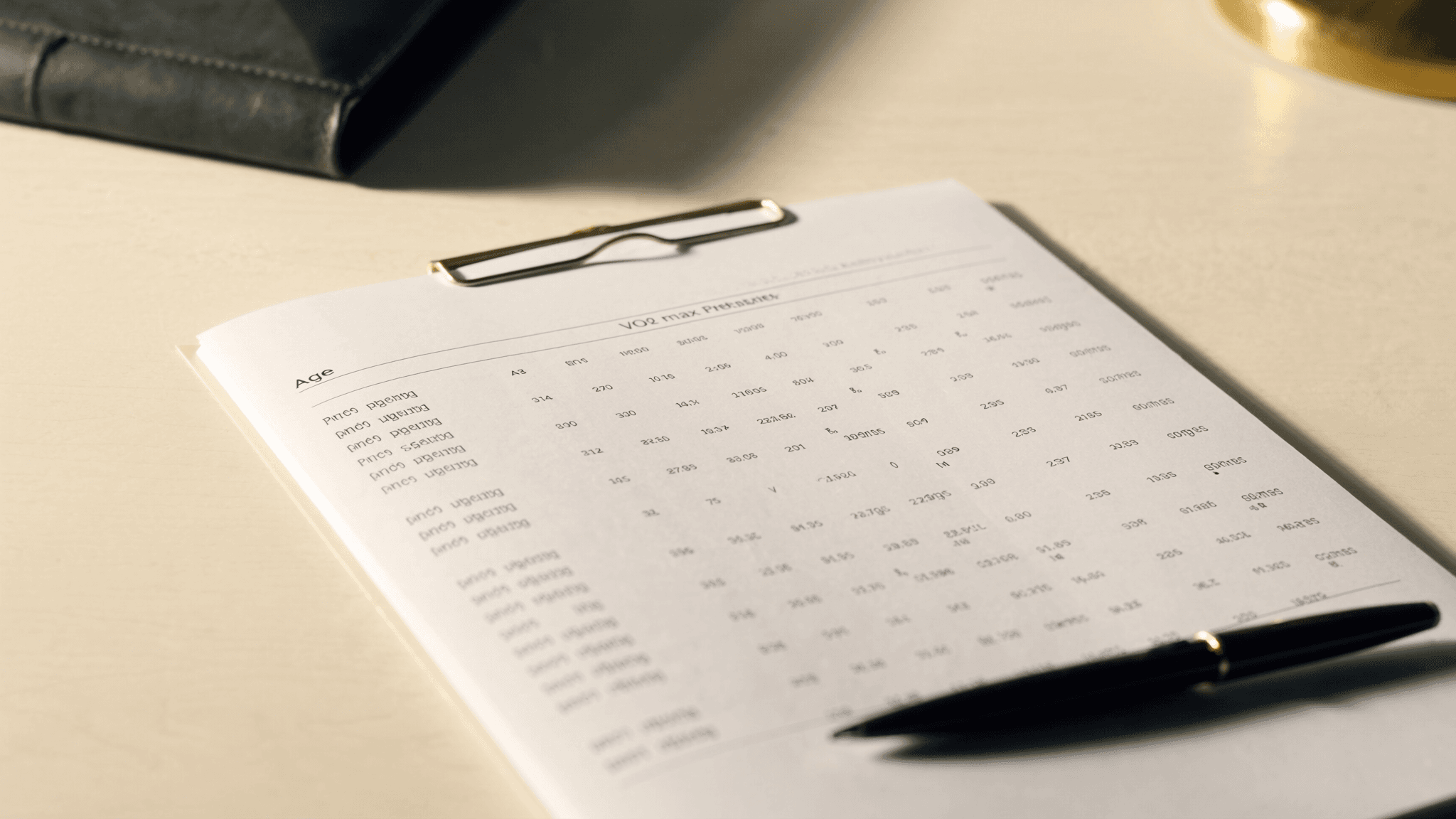 A clinical reference page printed on white A4 paper on a warm cream wooden desk, showing a structured VO2 max percentile table with rows by age decade and columns by percentile band. A black fountain pen rests at the lower right; a charcoal leather notebook and a brass desk lamp base in soft focus background.