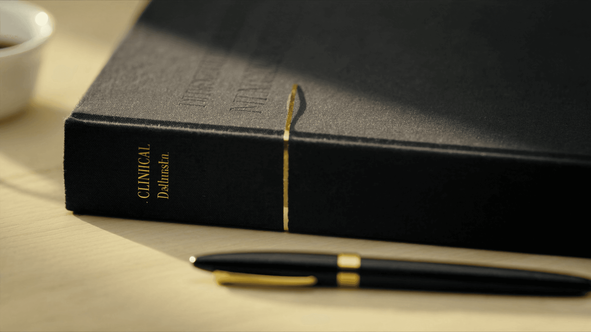 A closed clinical-style hardcover medical reference book in deep charcoal cloth binding with subtle gold-foil debossed title text on the spine, resting on a warm cream wooden desk with a slim brass page-marker ribbon emerging from between the pages; a polished black-and-brass fountain pen and a small white ceramic coffee cup in soft focus background.