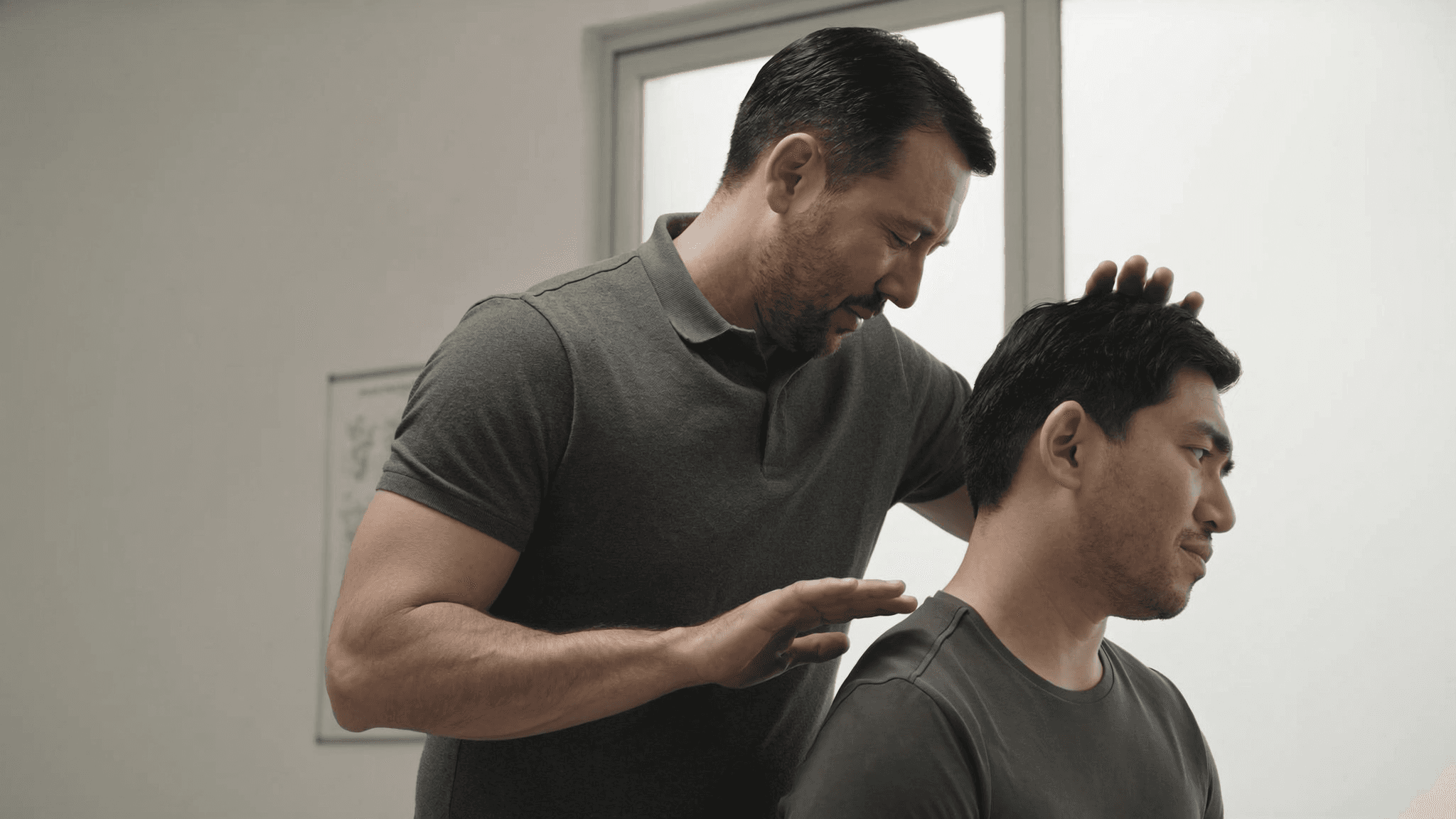 A Caucasian male physiotherapist in an olive polo shirt provides hands-on manual therapy to a seated Asian male client, working on the right shoulder and upper trapezius. Generic premium Singapore physiotherapy clinic interior with soft natural daylight, pale walls, and an anatomy chart in the background. Editorial three-quarter angle.