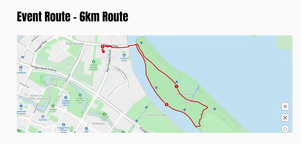 Map of the new 6km Competitive Run route for Stride For Good 2026, looping from Punggol Coast Mall into Coney Island Park along the waterfront